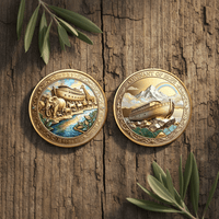 Noah's Ark front and reverse collectible coin token set flat lay lifestyle display on wood surface
