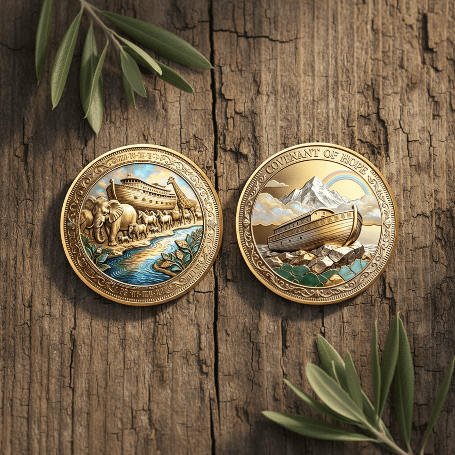Noah's Ark front and reverse collectible coin token set flat lay lifestyle display on wood surface
