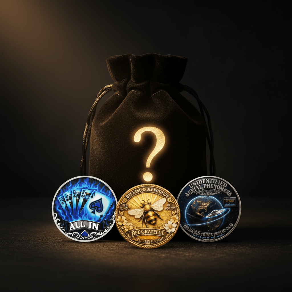 Three commemorative coins displayed in front of a black drawstring pouch with a glowing gold question mark on a dark background. The coins include a blue 'All In' poker-themed coin, a gold 'Bee Grateful' bee coin, and a silver/blue 'Unidentified Alien UFO' coin.