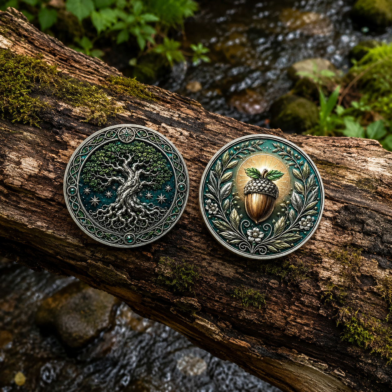 Oak tree and acorn nature collectible coin token on mossy woodland log lifestyle display

