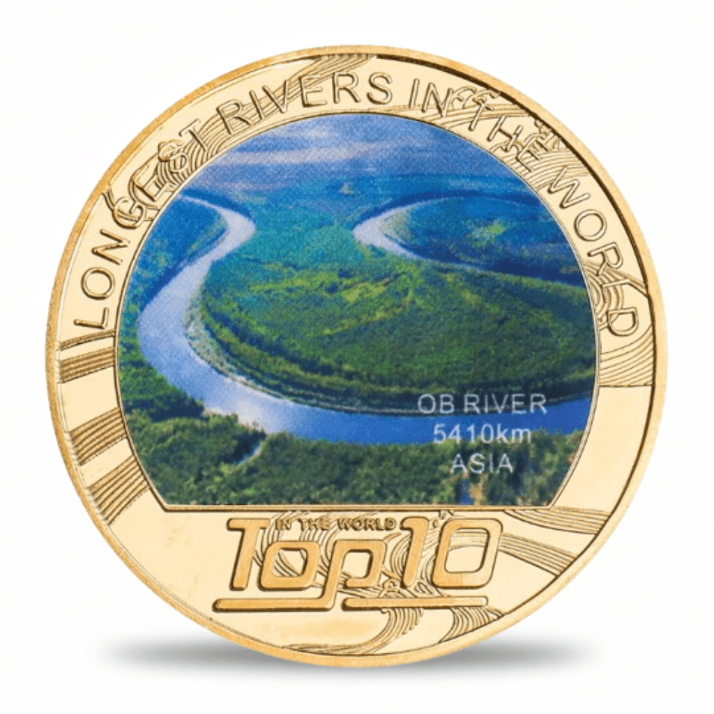 Ob River longest rivers world collectible coin full-colour aerial photograph gold-tone token
