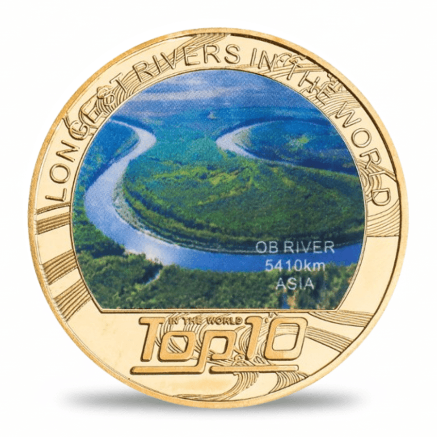 Ob River longest rivers world collectible coin full-colour aerial photograph gold-tone token
