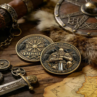 Odin Viking warrior coin both sides displayed on wooden surface with Viking shield map and Norse props antique bronze finish collectible token
