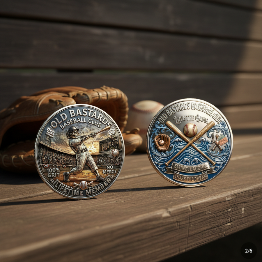 Two round baseball-themed commemorative coins displayed on a wooden surface, with a brown leather baseball glove and a baseball in the background. One coin shows a silver-toned baseball player at bat, and the other shows a blue-toned baseball scene with crossed bats and baseball gear.