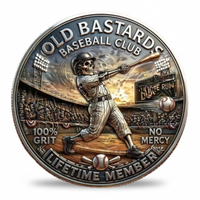 A circular commemorative coin featuring a baseball player with a skull in the helmet, with the text 'OLD BASTARDS BASEBALL CLUB' and 'LIFETIME MEMBER' around the edge, shown on a white background. Available at one more coin store.