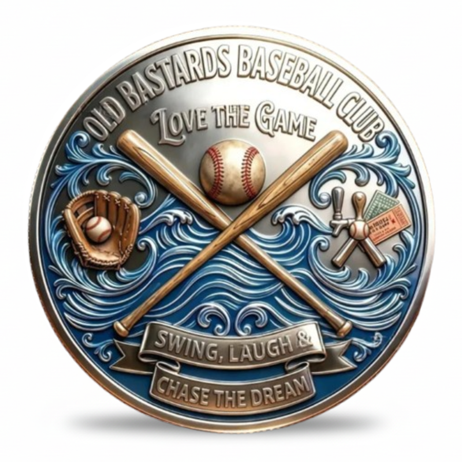 A circular commemorative baseball coin with raised text reading 'OLD BASTARDS BASEBALL CLUB' and 'Love the Game,' plus crossed bats, a baseball, a glove, and a banner reading 'SWING, LAUGH & CHASE THE DREAM.' The design uses blue, silver, and bronze tones on a white background.