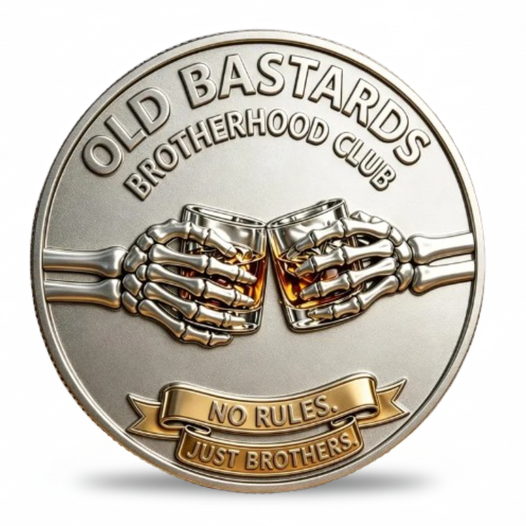 Coin with skeleton hands clinking glasses and 'Old Bastards Brotherhood Club' text on a white background