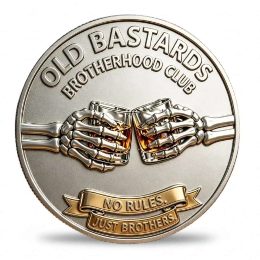 Coin with skeleton hands clinking glasses and 'Old Bastards Brotherhood Club' text on a white background