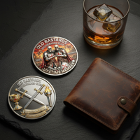 Old Bastards Brotherhood Club collectible coin both sides flat lay on dark slate beside leather wallet and whisky glass retirement gift for him
