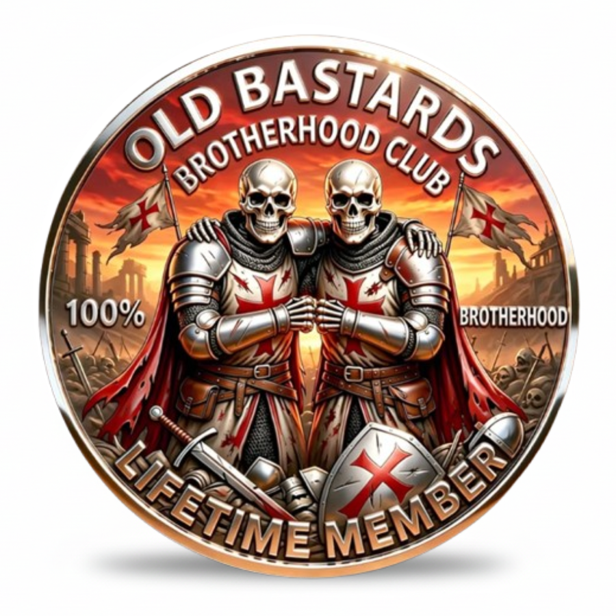 Old Bastards Brotherhood Club Lifetime Member collectible coin front skeleton Templar knights armour battlefield 100% Brotherhood available at One More Coin store
