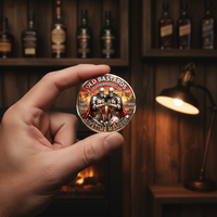 Hand holding Old Bastards Brotherhood Club Lifetime Member collectible coin in rustic man cave whisky bottles dark wood panelling

