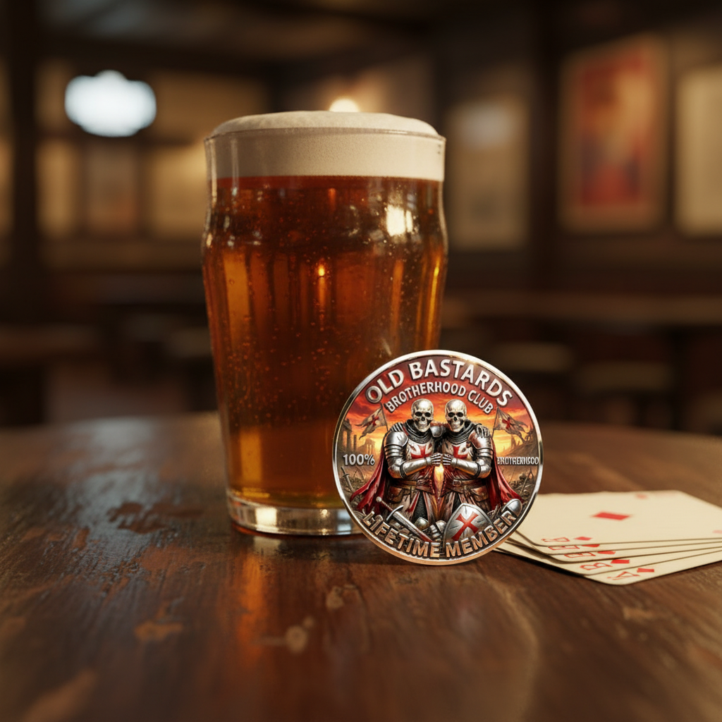 Old Bastards Brotherhood Club collectible coin on dark pub table beside pint of beer and playing cards novelty gift for him

