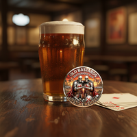 Old Bastards Brotherhood Club collectible coin on dark pub table beside pint of beer and playing cards novelty gift for him
