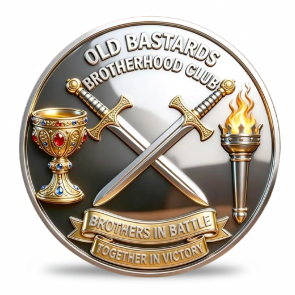 Decorative coin with crossed swords, goblet, and torch, featuring text 'Old Bastards Brotherhood Club'.