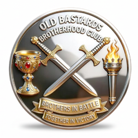 Decorative coin with crossed swords, goblet, and torch, featuring text 'Old Bastards Brotherhood Club'.