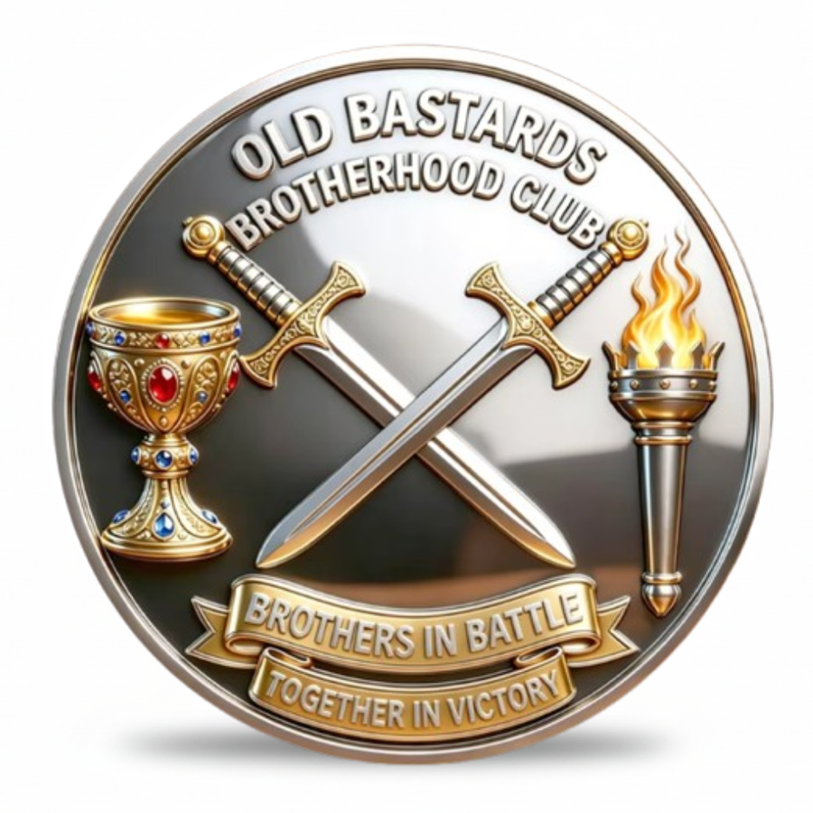 Decorative coin with crossed swords, goblet, and torch, featuring text 'Old Bastards Brotherhood Club'.