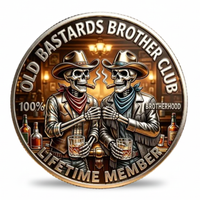 Old Bastards Brotherhood Club skeleton cowboys toasting whisky collectible coin best friends gift available at One More Coin store

