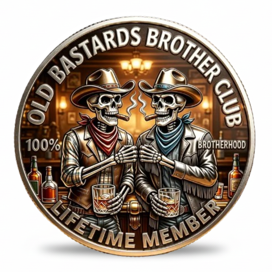 Old Bastards Brotherhood Club skeleton cowboys toasting whisky collectible coin best friends gift available at One More Coin store
