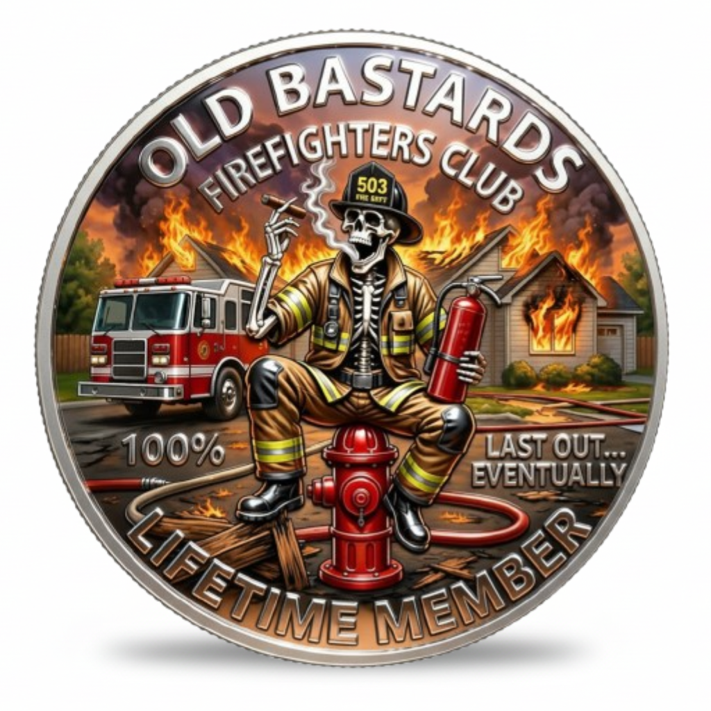 Old Bastards Firefighters Club skeleton firefighter collectible coin fire service gift available at One More Coin store
