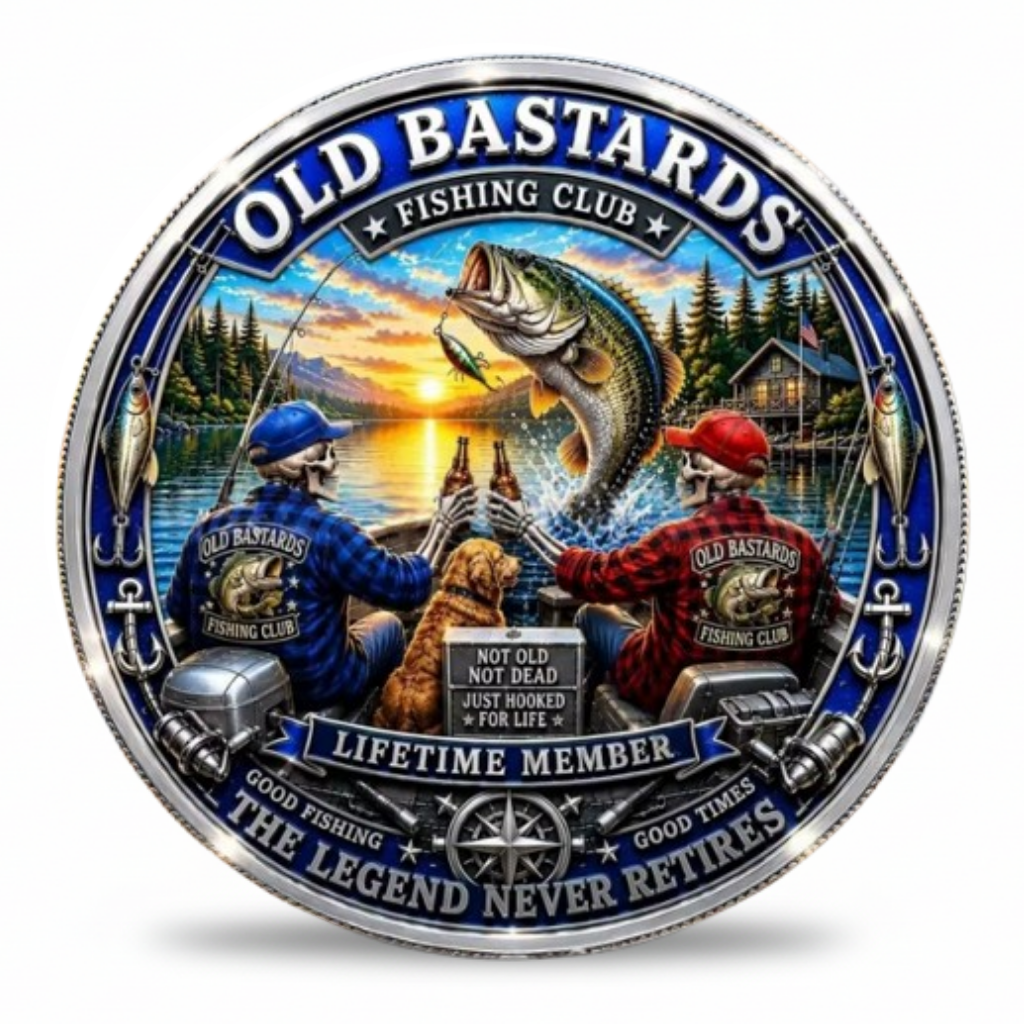 Old Bastards Fishing Club coin with two skeleton anglers, a dog and a leaping fish, available at One More Coin store
