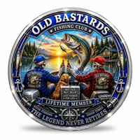 Old Bastards Fishing Club coin with two skeleton anglers, a dog and a leaping fish, available at One More Coin store
