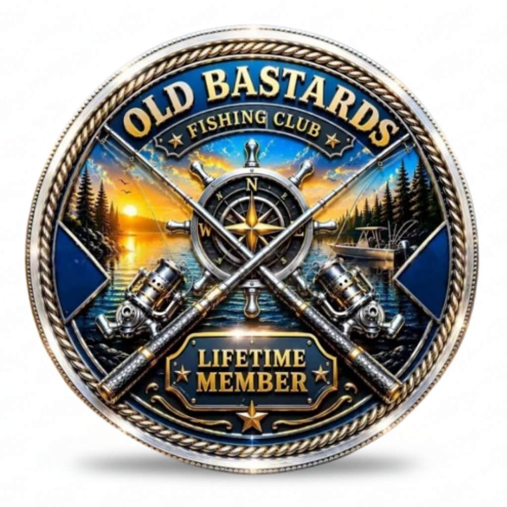 Old Bastards Fishing Club reverse with crossed rods, reels, compass and Lifetime Member inscription, collectible token
