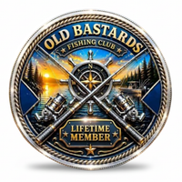Old Bastards Fishing Club reverse with crossed rods, reels, compass and Lifetime Member inscription, collectible token
