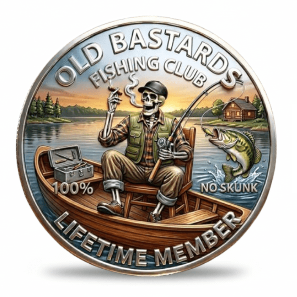 Old Bastards Fishing Club Lifetime Member skeleton fisherman rowboat cigar 100% No Skunk novelty collectible coin gift for fishing enthusiasts available at One More Coin store
