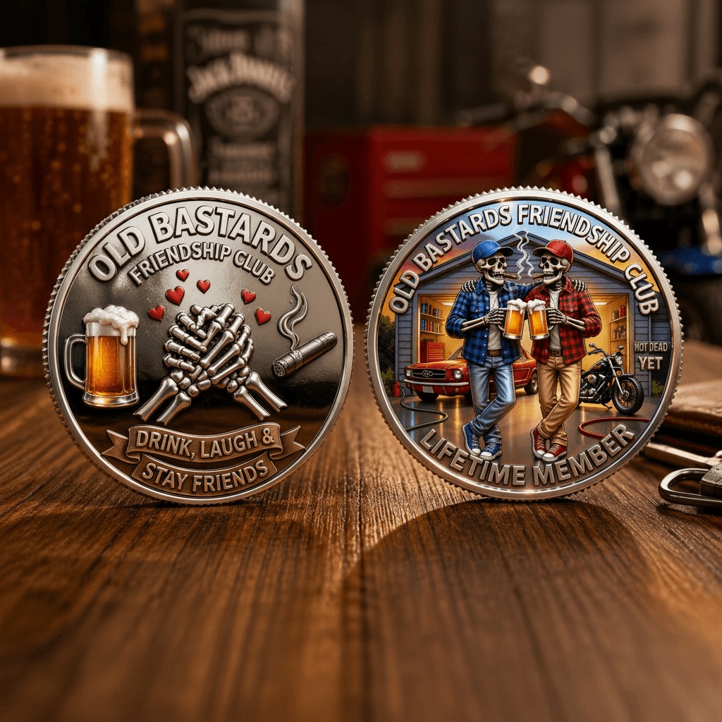 Old Bastards Friendship Club both sides coin set displayed on dark pub table novelty friendship collectible gift for men
