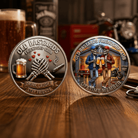 Old Bastards Friendship Club both sides coin set displayed on dark pub table novelty friendship collectible gift for men
