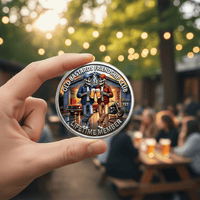 Hand holding Old Bastards Friendship Club Lifetime Member coin outdoors beer garden novelty collectible gift for men
