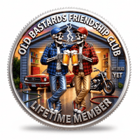 Old Bastards Friendship Club coin obverse skeleton friends clinking beers garage Lifetime Member Not Dead Yet novelty collectible coin token available at One More Coin store
