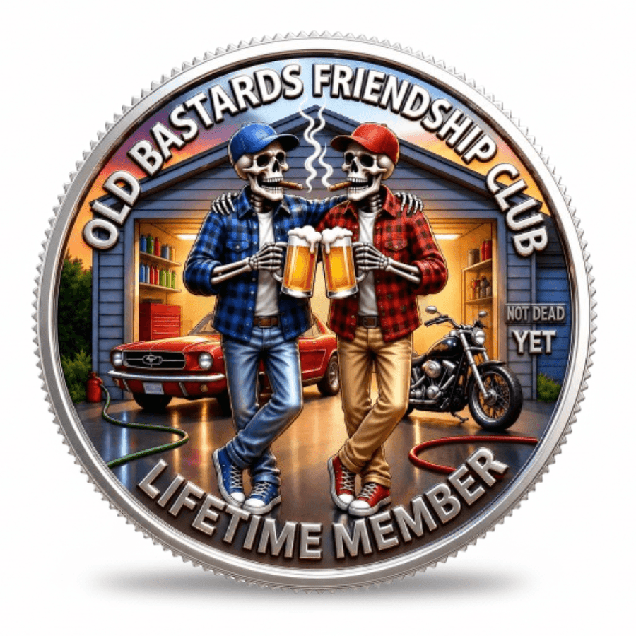 Old Bastards Friendship Club coin obverse skeleton friends clinking beers garage Lifetime Member Not Dead Yet novelty collectible coin token available at One More Coin store
