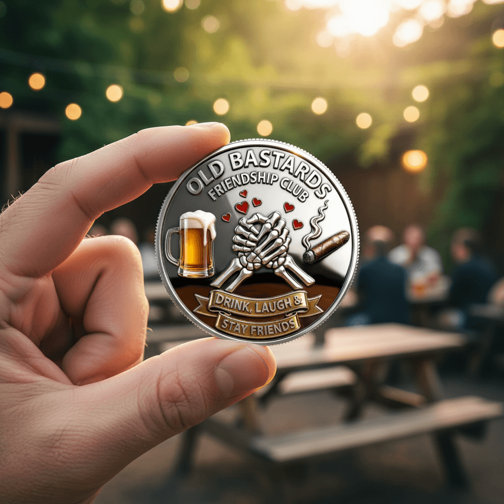 Hand holding Old Bastards Friendship Club Drink Laugh Stay Friends coin outdoors beer garden novelty collectible token gift
