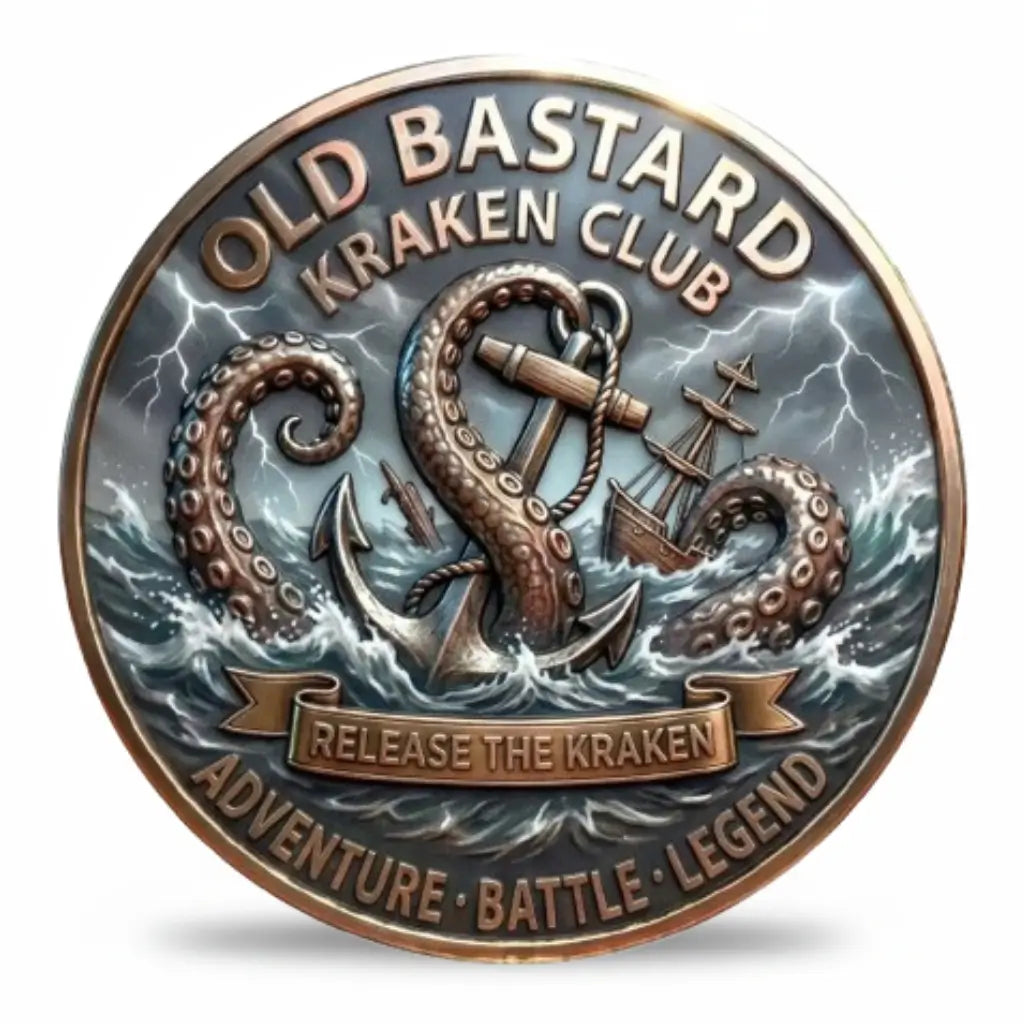Old Bastards Kraken Club coin reverse showing tentacles curling around an anchor amid stormy waves, lightning and a stricken sailing ship, with “RELEASE THE KRAKEN” on a banner and “ADVENTURE · BATTLE · LEGEND” along the lower rim, collectible token
