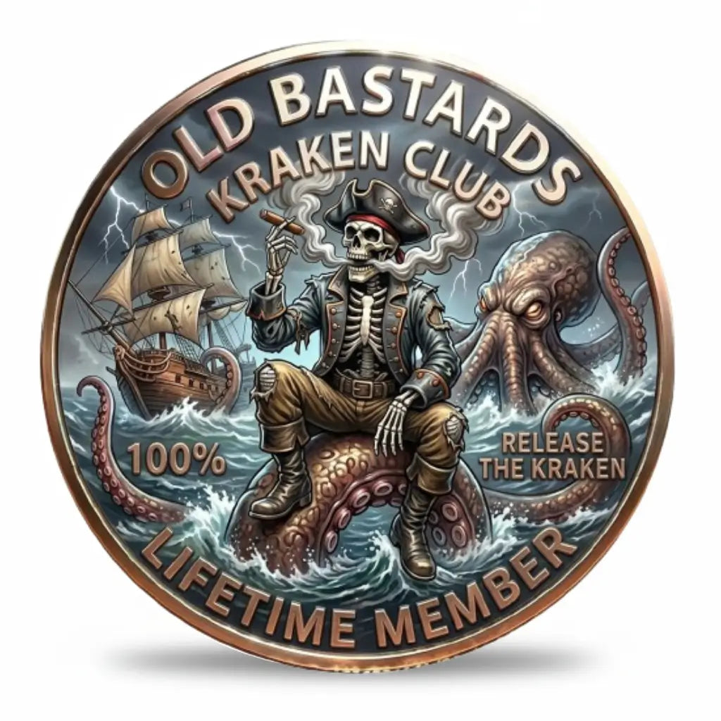Old Bastards Kraken Club coin showing a skeleton pirate in a tricorn hat holding a smoking cigar while seated on a Kraken tentacle, with a sailing ship, lightning and crashing waves behind him. The border reads “LIFETIME MEMBER,” available at One More Coin store
