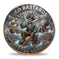 Old Bastards Kraken Club coin showing a skeleton pirate in a tricorn hat holding a smoking cigar while seated on a Kraken tentacle, with a sailing ship, lightning and crashing waves behind him. The border reads “LIFETIME MEMBER,” available at One More Coin store
