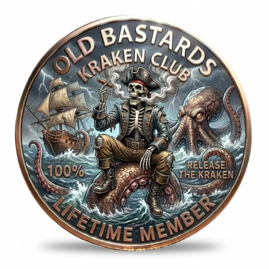 Old Bastards Kraken Club coin showing a skeleton pirate in a tricorn hat holding a smoking cigar while seated on a Kraken tentacle, with a sailing ship, lightning and crashing waves behind him. The border reads “LIFETIME MEMBER,” available at One More Coin store
