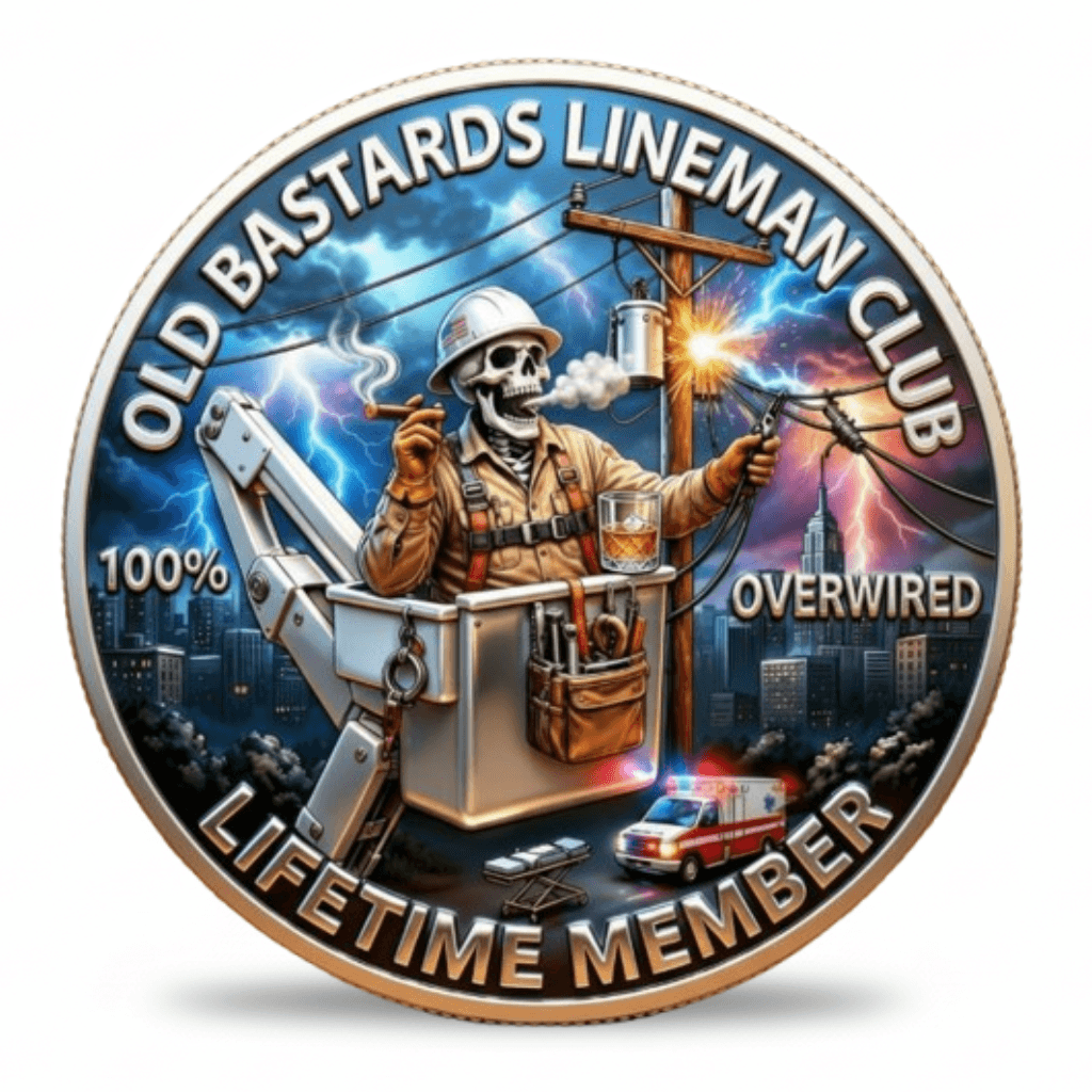 Old Bastards Lineman Club skeleton lineman bucket truck lightning storm novelty collectible coin electrician gift available at One More Coin store

