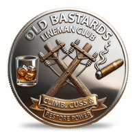 A circular metallic medallion or coin-style emblem with the text 'OLD BASTARDS LINEMAN CLUB' around the edge. The design shows crossed wooden poles or cables, a smoking cigar, a glass of amber liquor with ice, and a ribbon banner reading 'CLIMB, CUSS & RESTORE POWER.