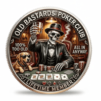 Old Bastards Poker Club Lifetime Member skeleton poker player whisky cigar dog collectible coin token available at One More Coin store
