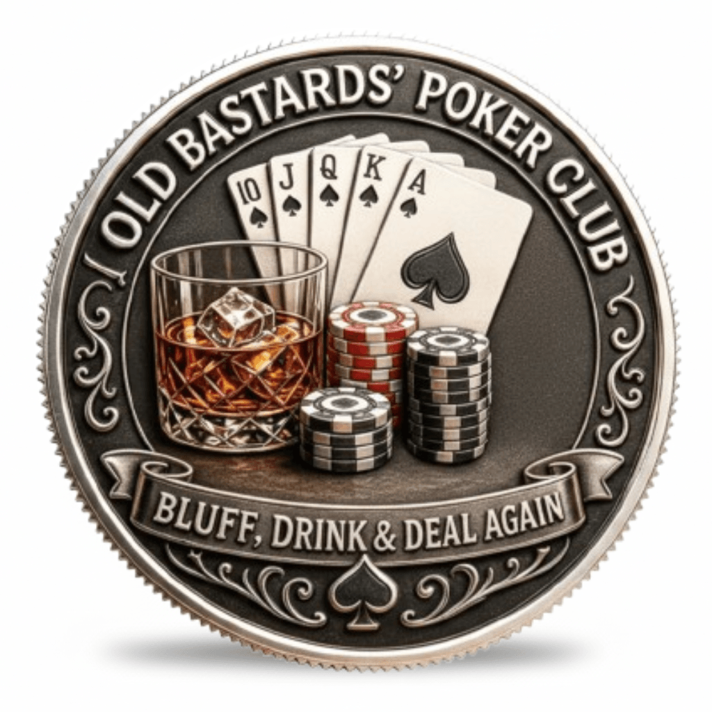 Old Bastards Poker Club royal flush whisky glass poker chips Bluff Drink Deal Again collectible coin token reverse side
