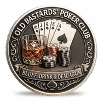 Old Bastards Poker Club royal flush whisky glass poker chips Bluff Drink Deal Again collectible coin token reverse side
