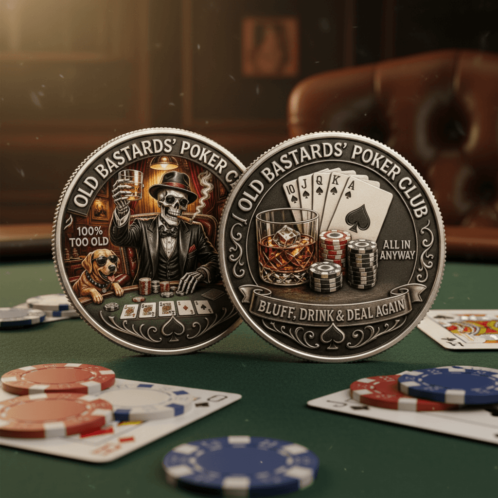 Old Bastards Poker Club Lifetime Member front and reverse collectible coin token set displayed on poker felt with chips and cards
