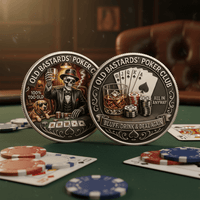 Old Bastards Poker Club Lifetime Member front and reverse collectible coin token set displayed on poker felt with chips and cards
