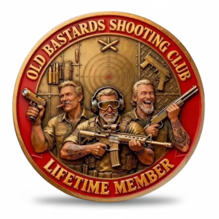 Old Bastards Shooting Club Lifetime Member novelty coin red gold enamel three gun enthusiasts at shooting range funny gift for him available at One More Coin store
