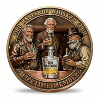 Old Bastards Whiskey Club Lifetime Member commemorative coin front three old men raising whiskey glasses Old Bastards decanter antique bronze collectible available at One More Coin store
