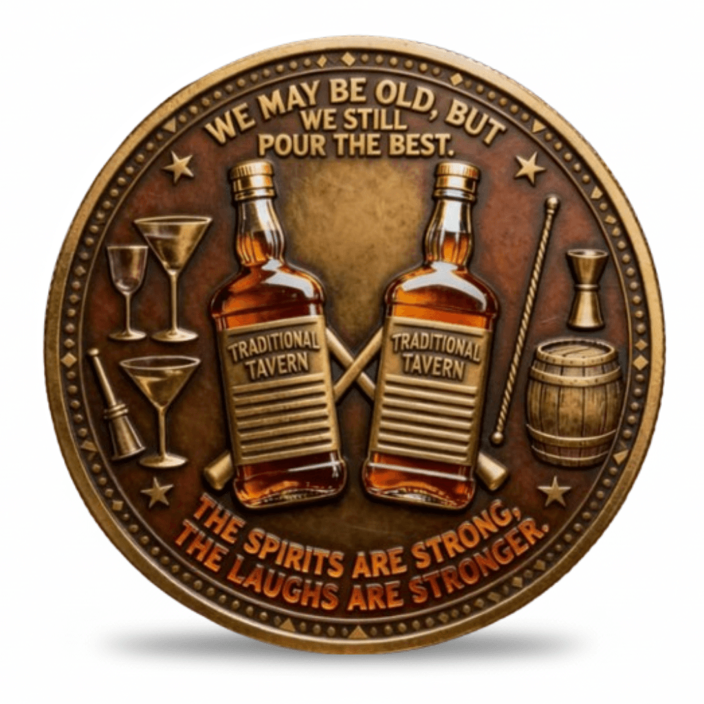 Old Bastards Whiskey Club coin reverse Traditional Tavern whiskey bottles We May Be Old But We Still Pour The Best The Spirits Are Strong The Laughs Are Stronger antique bronze collectible
