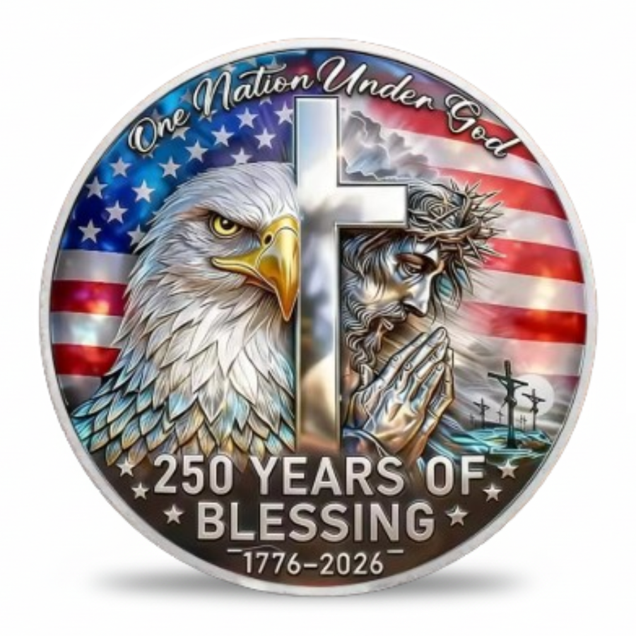 One Nation Under God 250 Years of Blessing 1776 2026 eagle cross praying Christ commemorative collectible coin enamel patriotic gift for collectors available at One More Coin store
