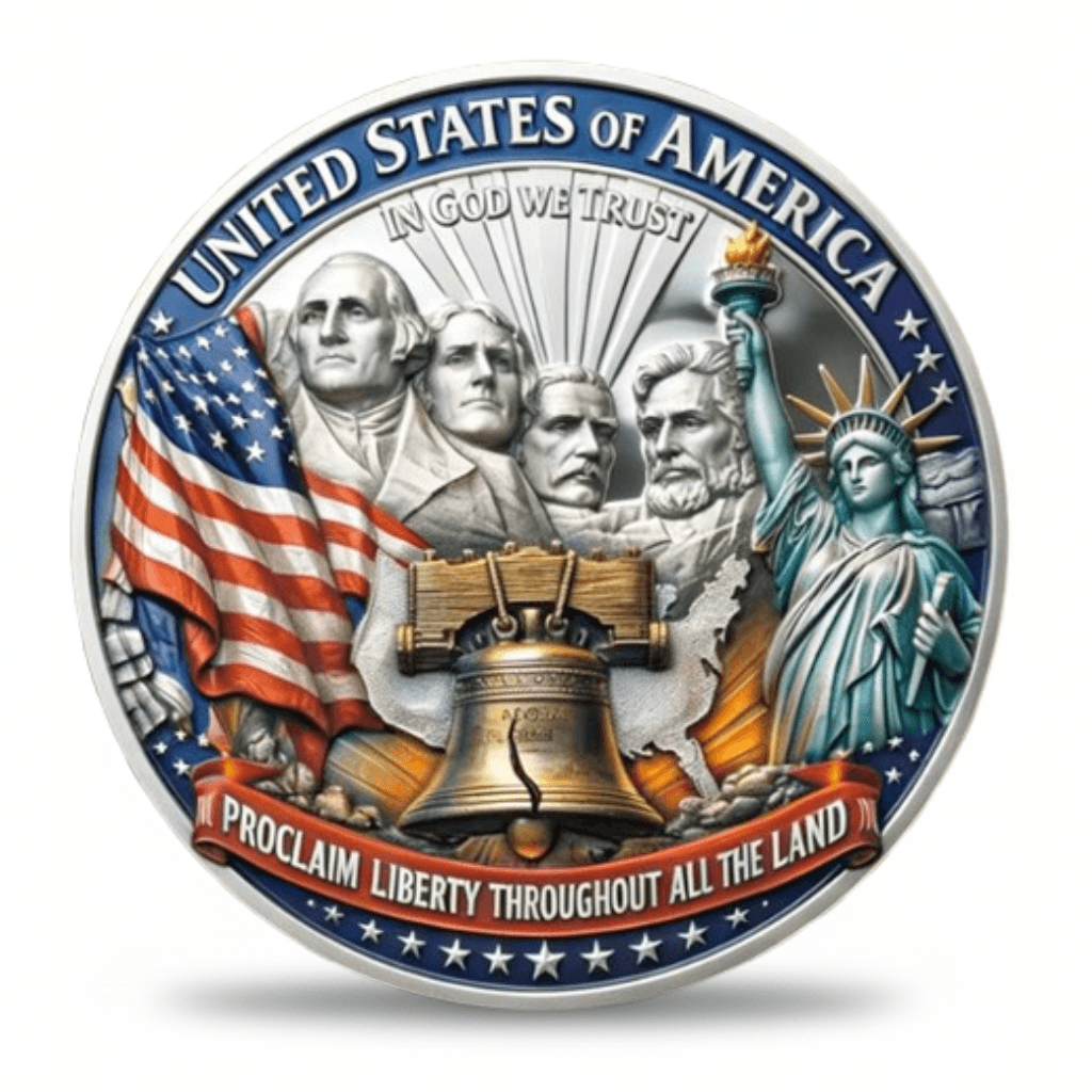 United States of America commemorative coin reverse Mount Rushmore Liberty Bell Statue of Liberty Proclaim Liberty Throughout All the Land patriotic collectible

